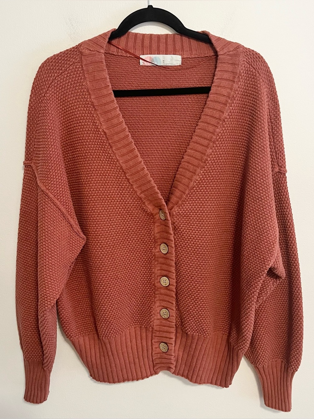 Free People Beach Hailee Waffle Knit V Neck Button Cardigan Rust Orange. Sz XL